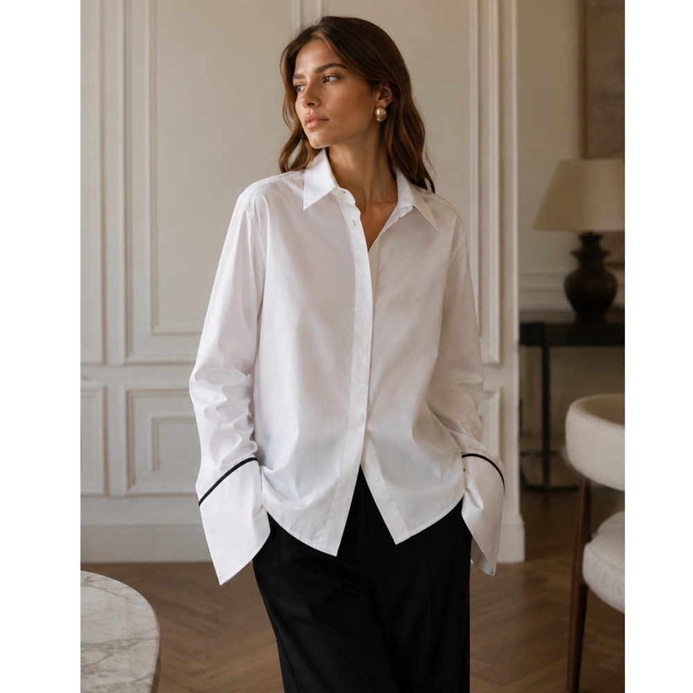 Anna Quan ANN CRISP OVERSIZED Cotton Shirt 4 Long Sleeve Top SILK Trim BOYFRIEND